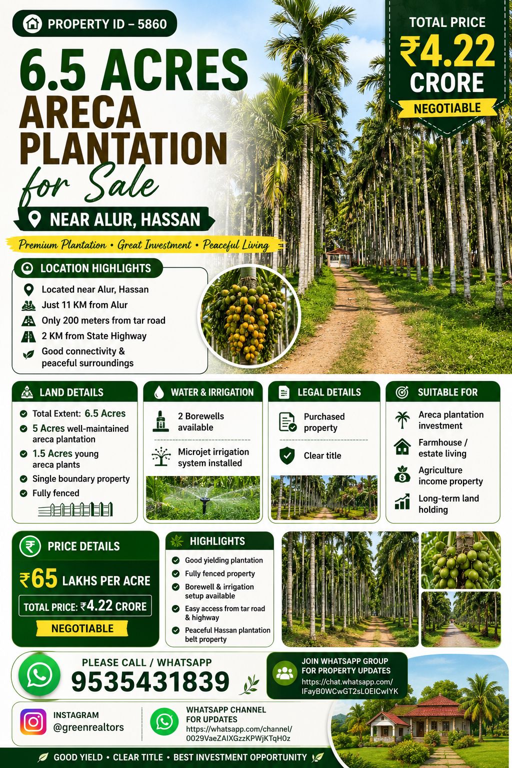 🌿 *6.5 Acres Areca Plantation for Sale – Near Alur, Hassan*